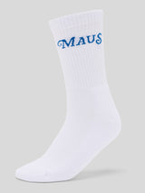 Weiße Socke mit blauem Schriftzug „MAUS“ am gerippten Bund, linke Seitenansicht.