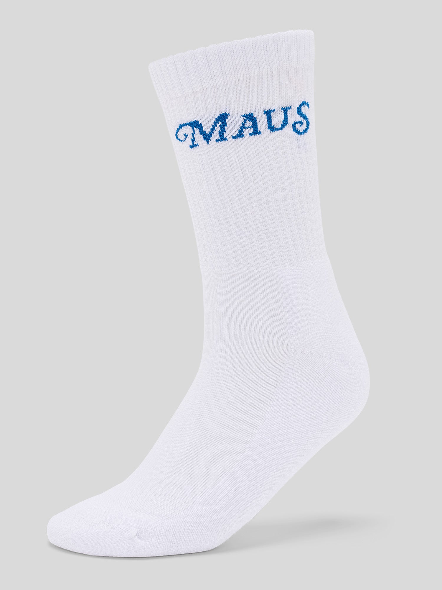 Weiße Socke mit blauem Schriftzug „MAUS“ am gerippten Bund, linke Seitenansicht.