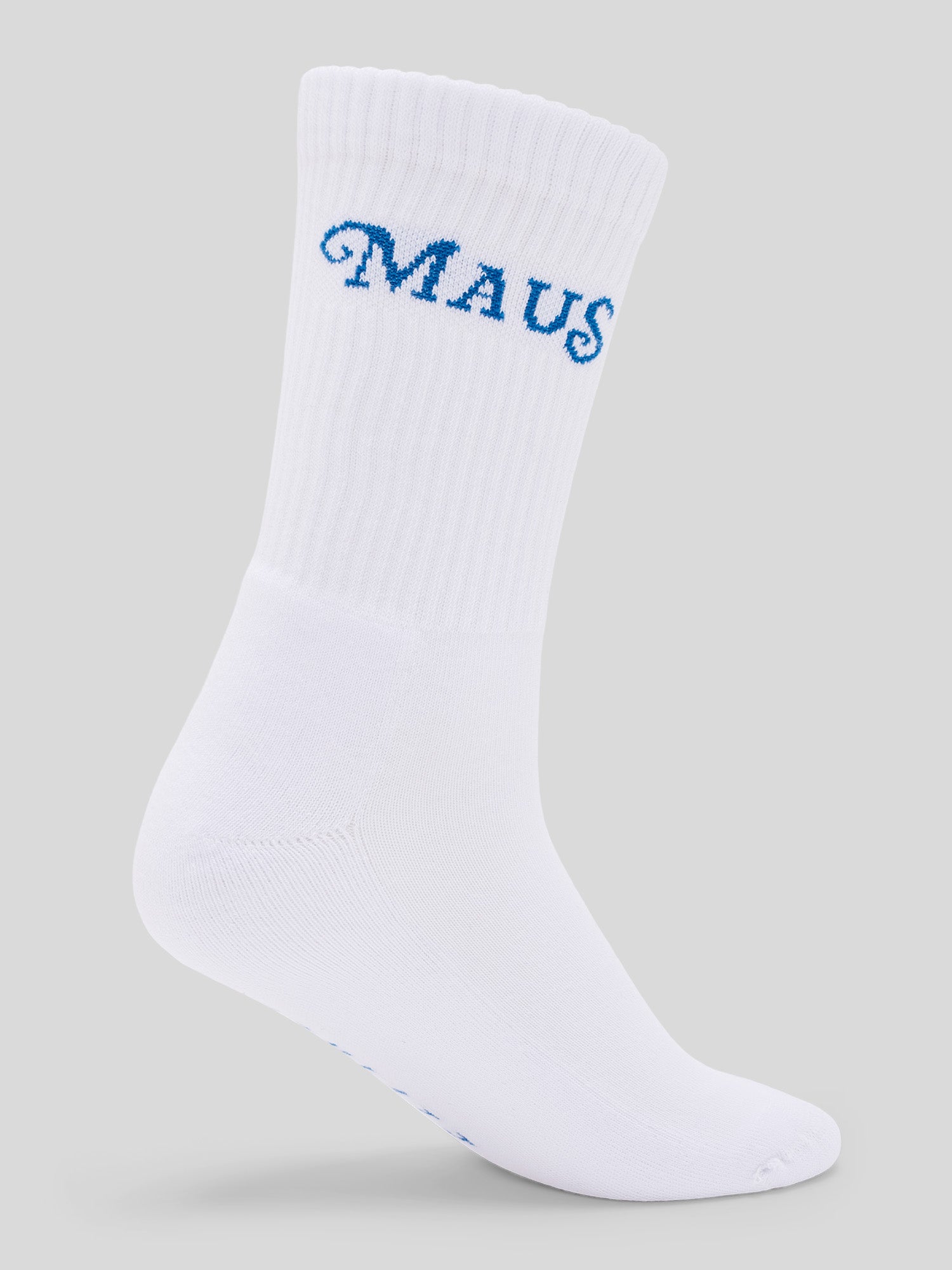 Weiße Socke mit blauem Schriftzug „MAUS“ am Schaft, rechte Seitenansicht.