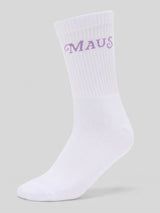 Weiße gerippte Kaulitz Hills Socken mit lilafarbenem „MAUS“-Schriftzug am Schaft.