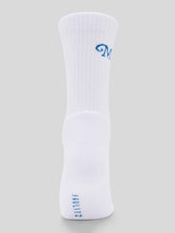 Rückseite der weißen Socke mit kleinem blauem Schriftzug „KAULITZ“ an der Ferse.