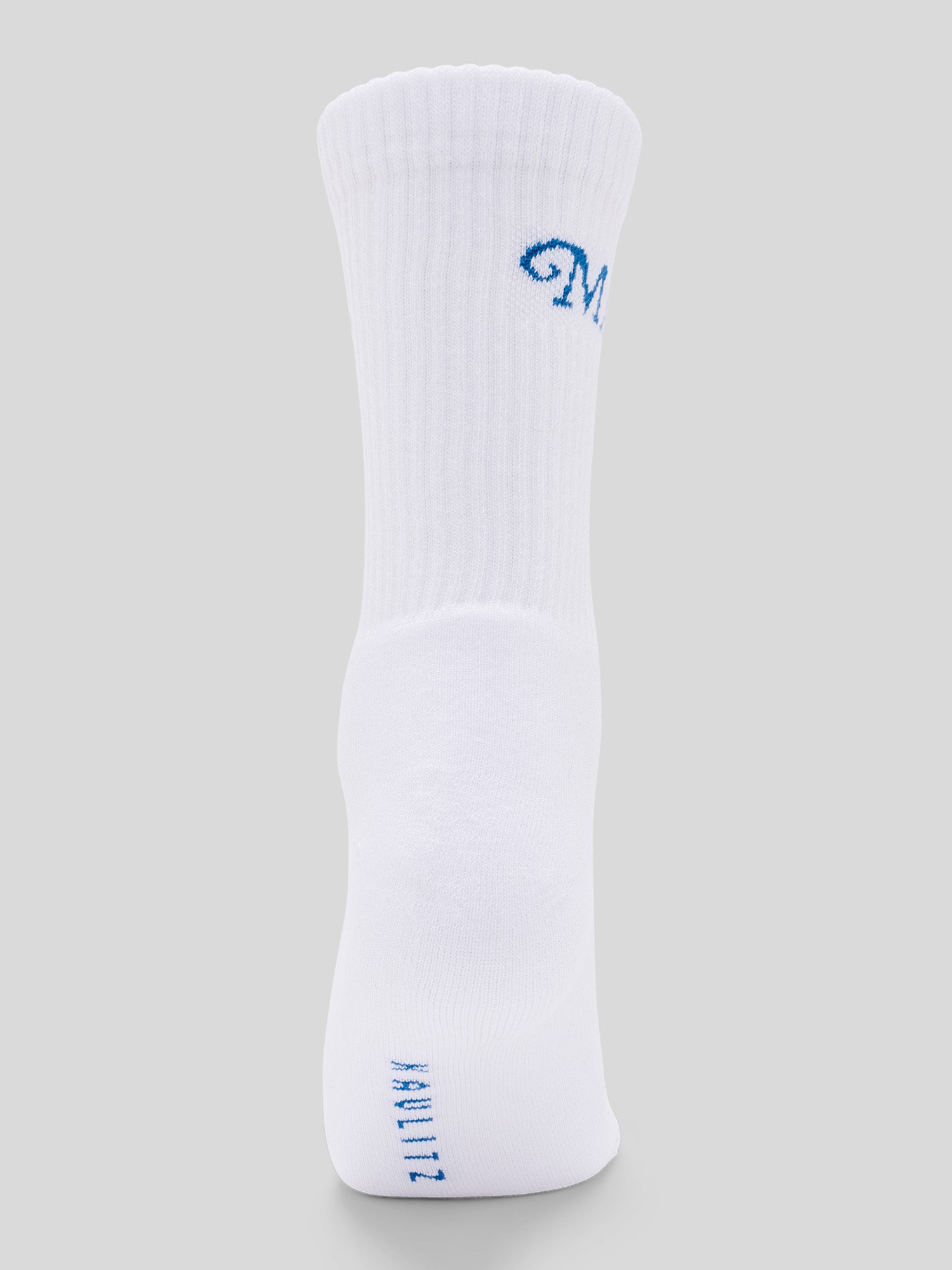 Rückseite der weißen Socke mit kleinem blauem Schriftzug „KAULITZ“ an der Ferse.